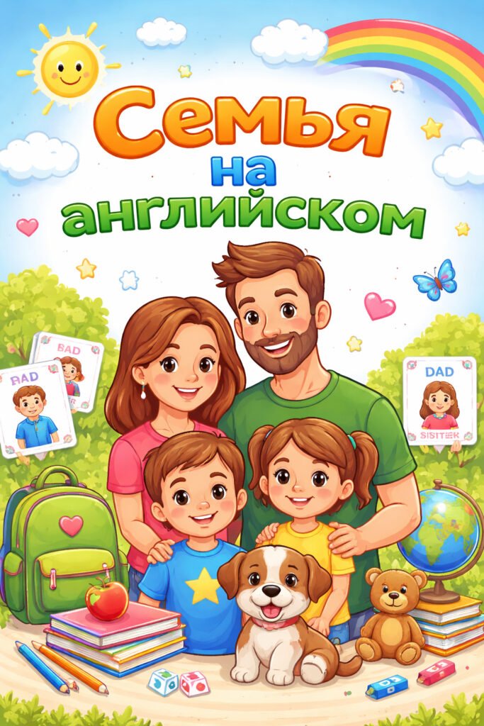 Семья на английском: родители и дети с карточками mom и dad