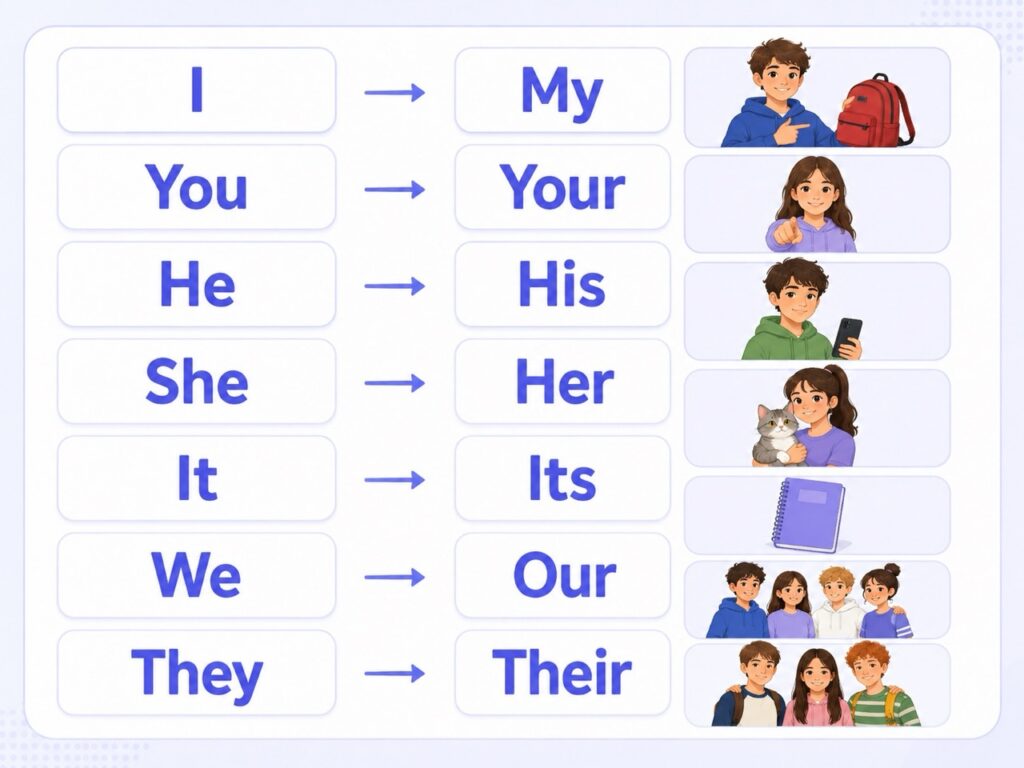Таблица: I → my, you → your, he → his, she → her, it → its, we → our, they → their