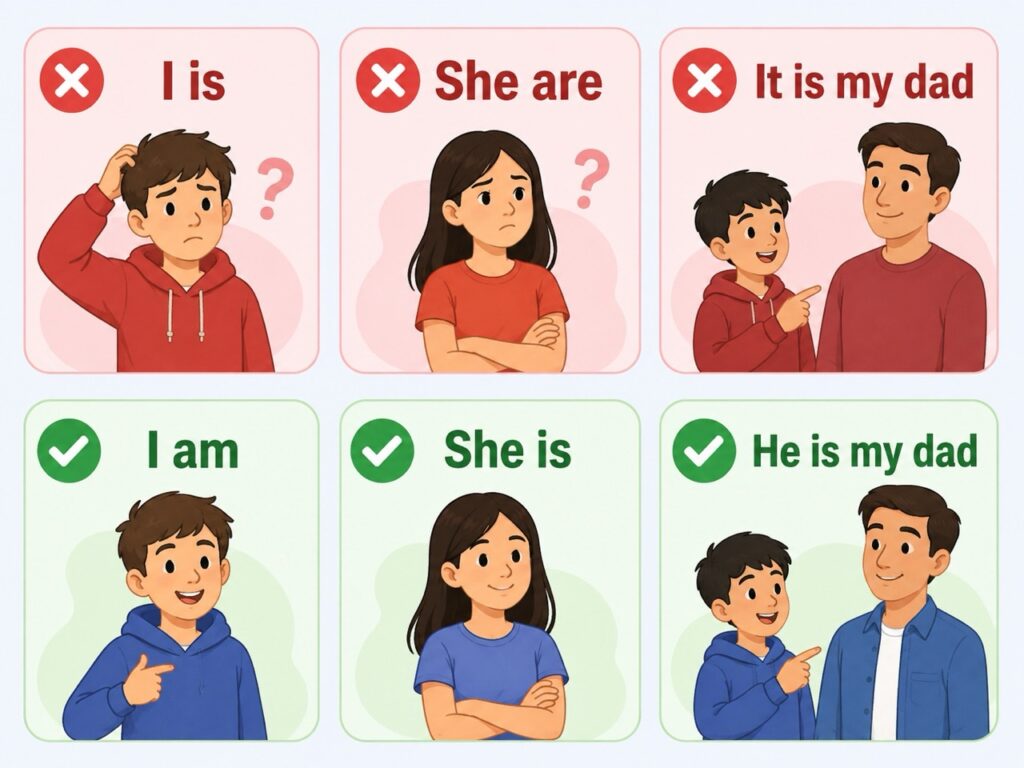 Ошибки I is, She are, It is my dad и правильные I am, She is, He is my dad