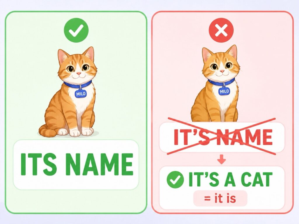 Its name — чей; it’s a cat значит it is. Апостроф только в it’s