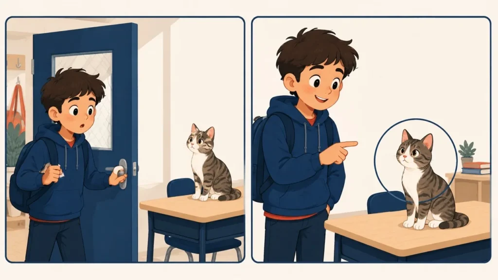 Второе упоминание предмета: a cat превращается в the cat