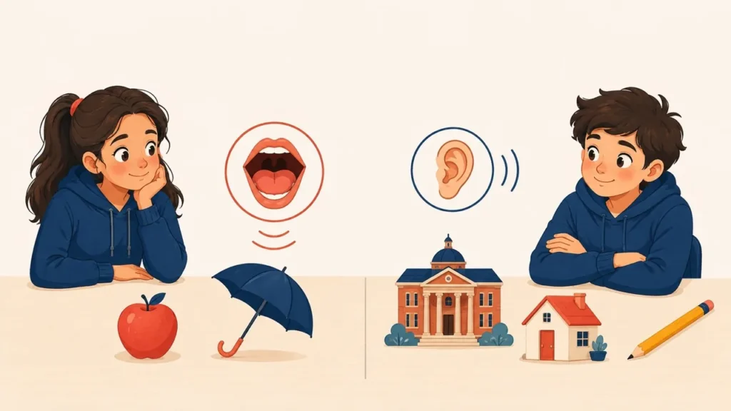 Выбор a или an по звуку: an apple, an umbrella, a university, a house