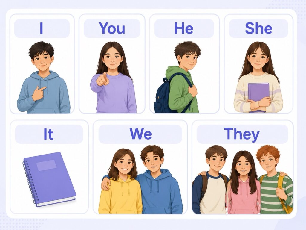 Семь личных местоимений: I, you, he, she, it, we, they с картинками