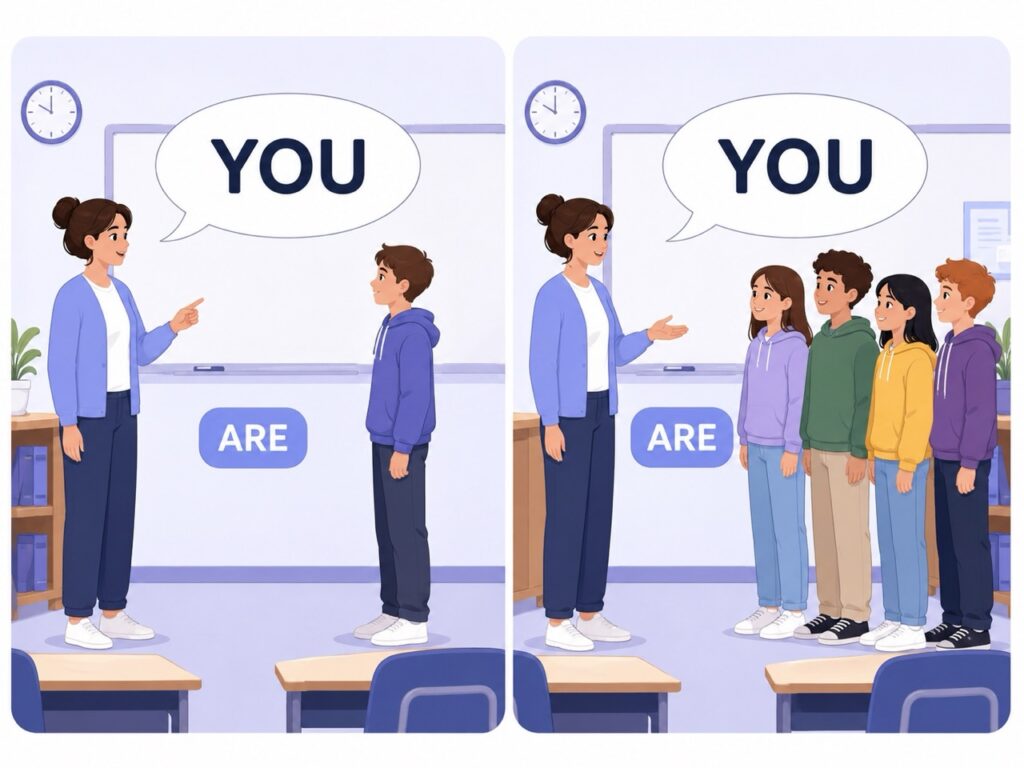 You в английском для одного ученика и для группы, глагол всегда are