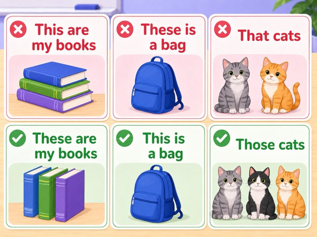 Ошибки This are my books, These is a bag, That cats и правильные These are, This is, Those cats