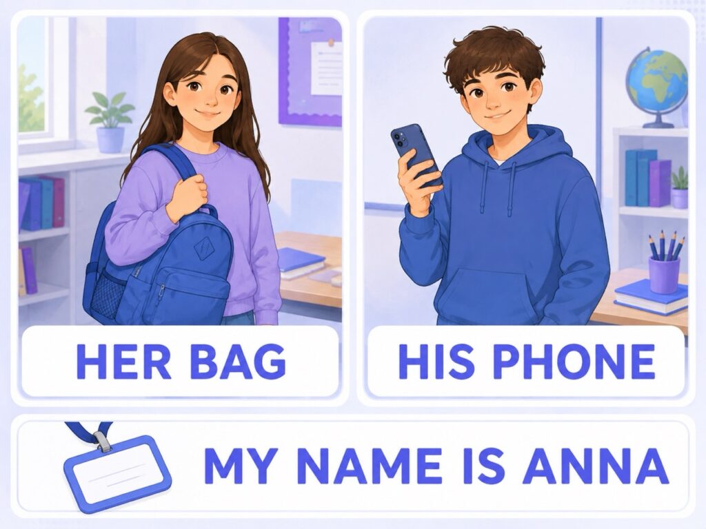 This is her bag и this is his phone: her для девочки, his для мальчика
