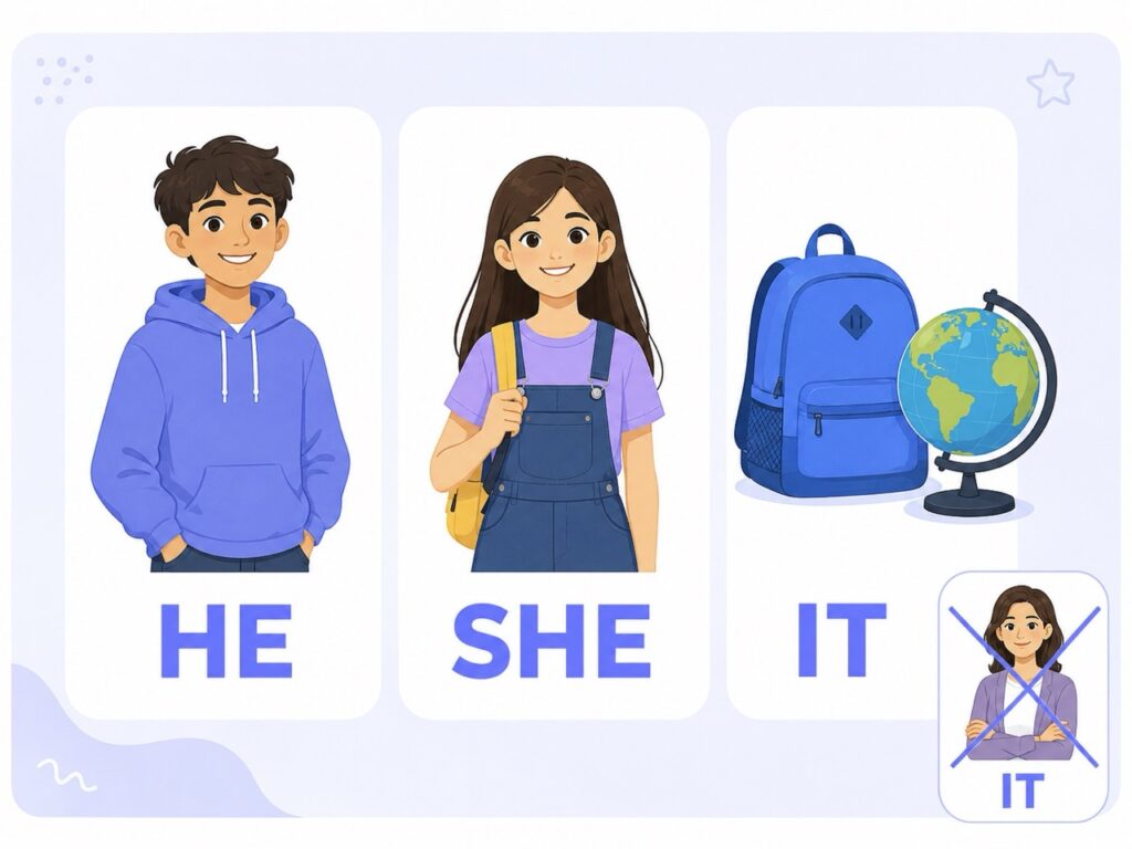 He — мальчик, she — девочка, it — предметы. It не используют про людей