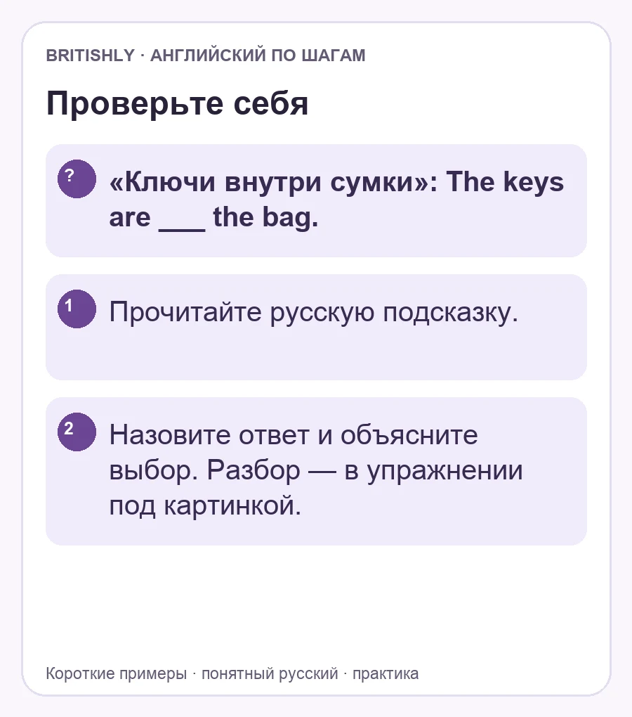 Самостоятельное задание: «Ключи внутри сумки»: The keys are ___ the bag.. Ответ с объяснением находится ниже.