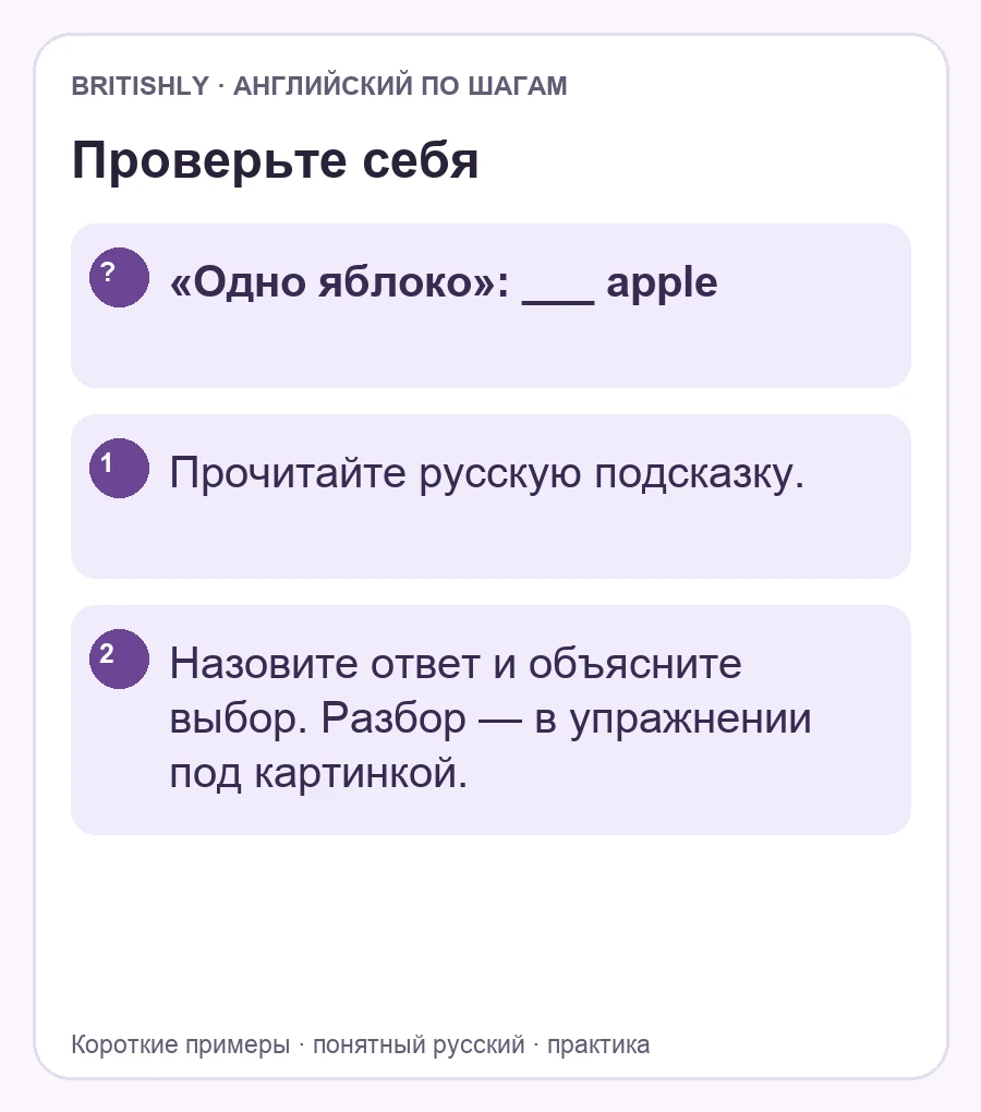 Самостоятельное задание: «Одно яблоко»: ___ apple. Ответ с объяснением находится ниже.