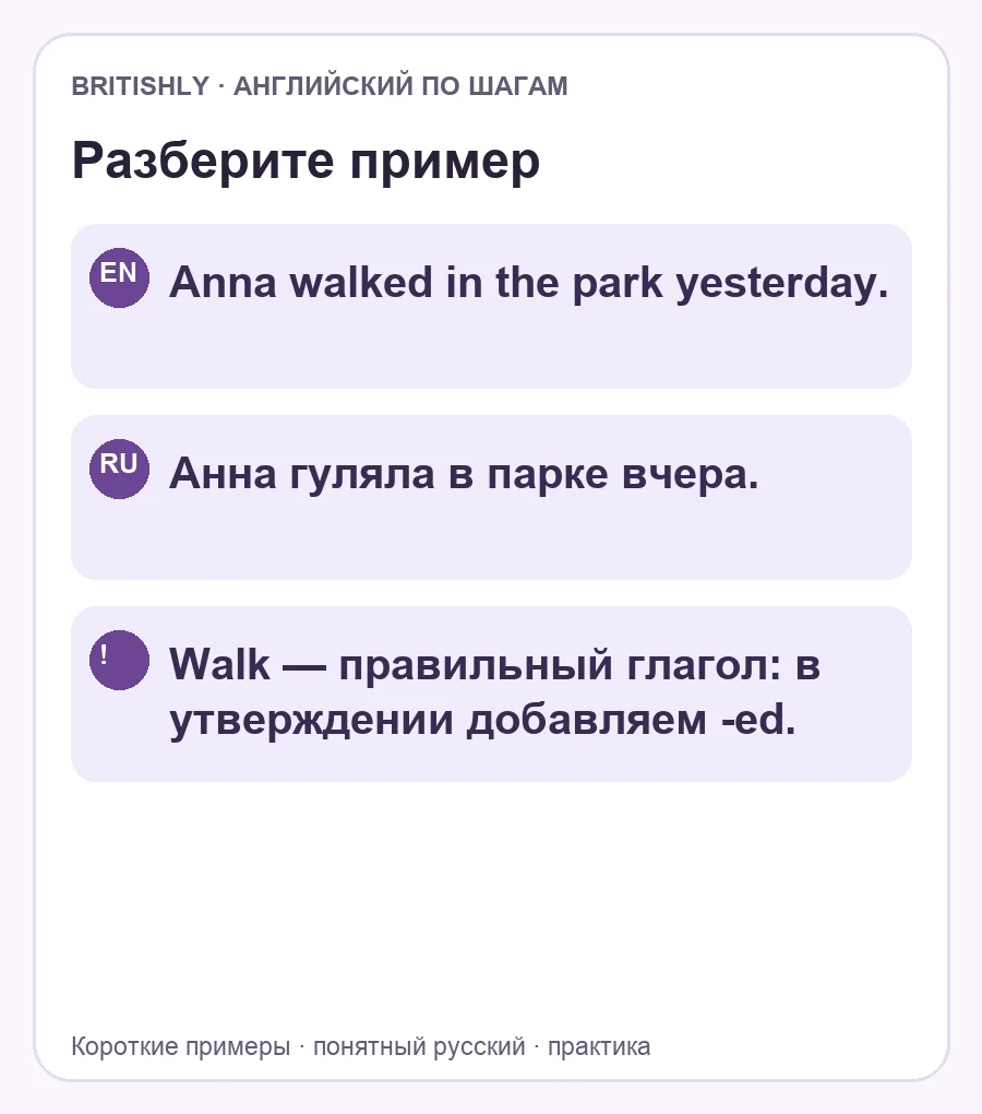 Anna walked in the park yesterday. — Анна гуляла в парке вчера. Walk — правильный глагол: в утверждении добавляем -ed.