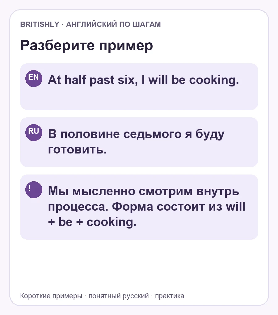 At half past six, I will be cooking. — В половине седьмого я буду готовить. Мы мысленно смотрим внутрь процесса. Форма состоит из will + be + cooking.