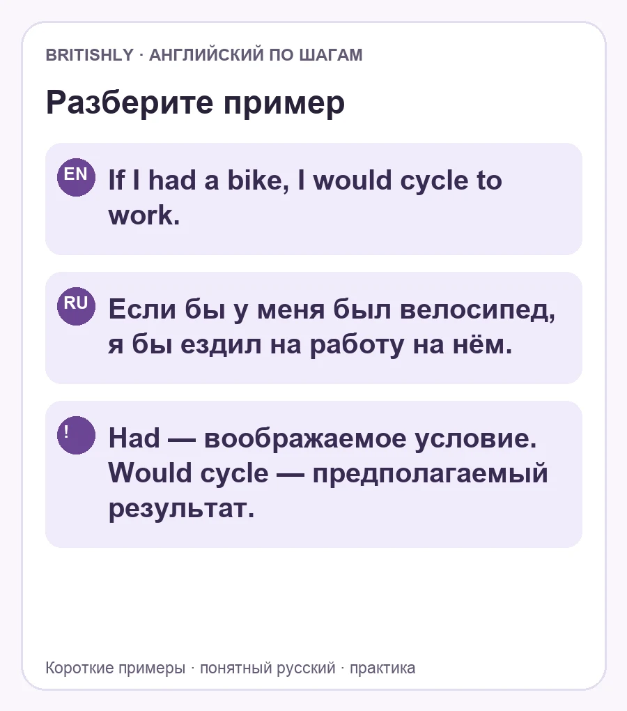 If I had a bike, I would cycle to work. — Если бы у меня был велосипед, я бы ездил на работу на нём. Had — воображаемое условие. Would cycle — предполагаемый результат.