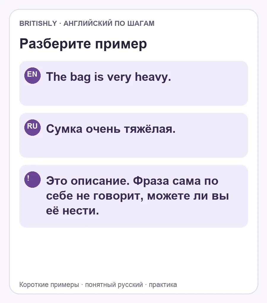 The bag is very heavy. — Сумка очень тяжёлая. Это описание. Фраза сама по себе не говорит, можете ли вы её нести.