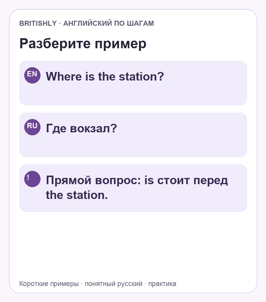 Where is the station? — Где вокзал? Прямой вопрос: is стоит перед the station.