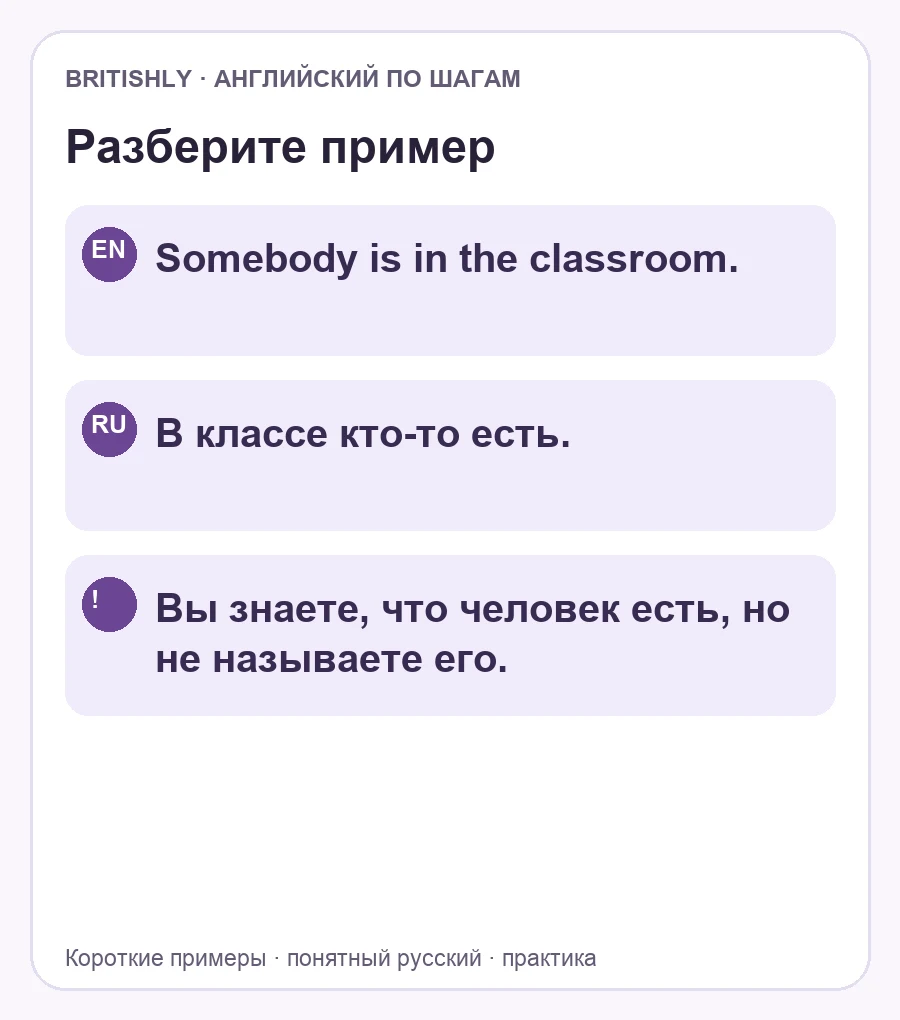 Somebody is in the classroom. — В классе кто-то есть. Вы знаете, что человек есть, но не называете его.
