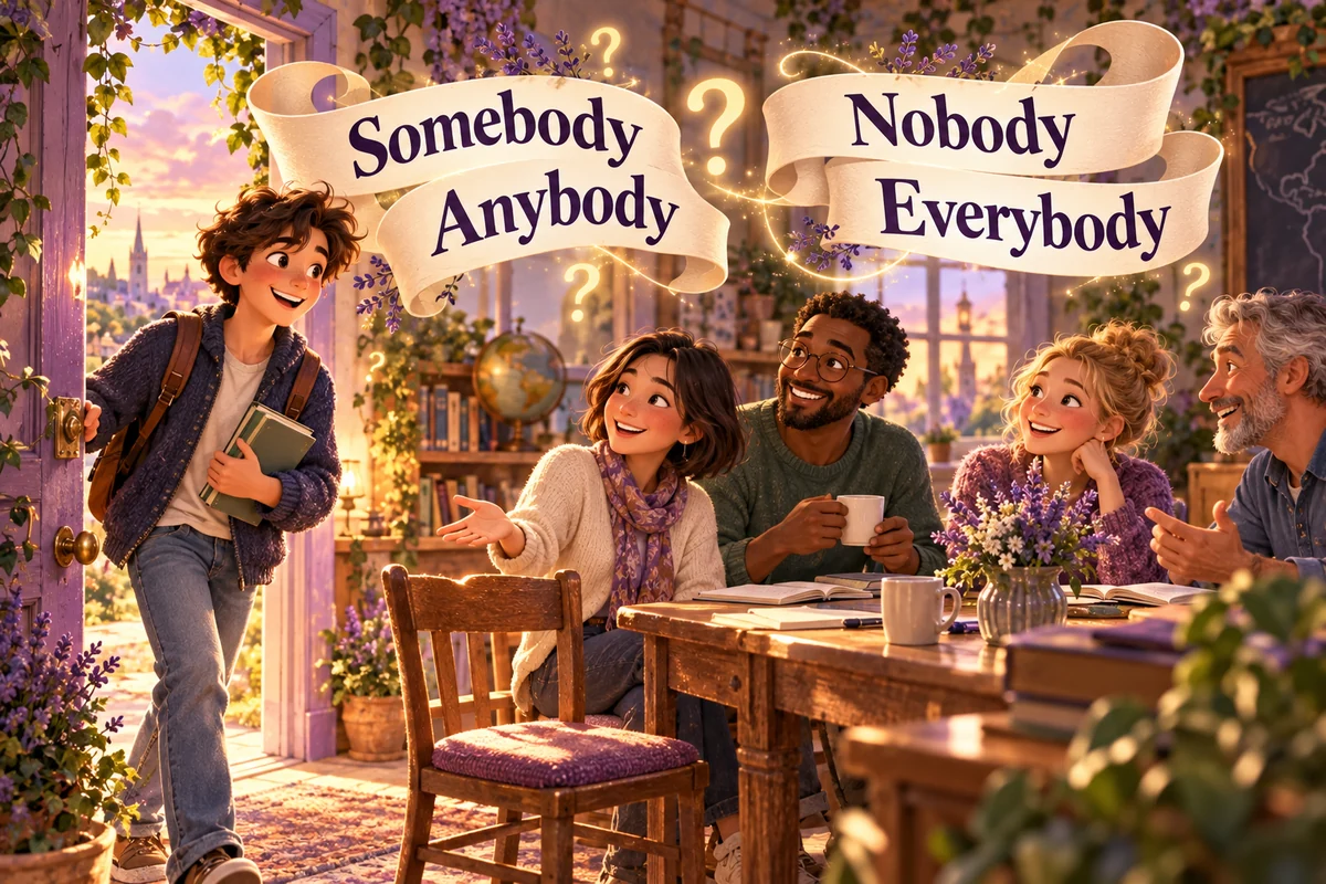 Somebody, anybody, nobody и everybody: неопределённые местоимения — учебная иллюстрация